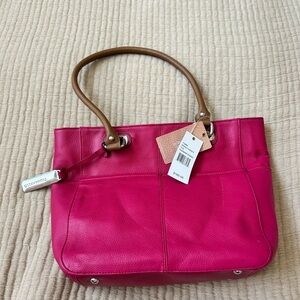 Tignanello Perfect Pockets Tote bag in raspberry/cognac pebble leather.